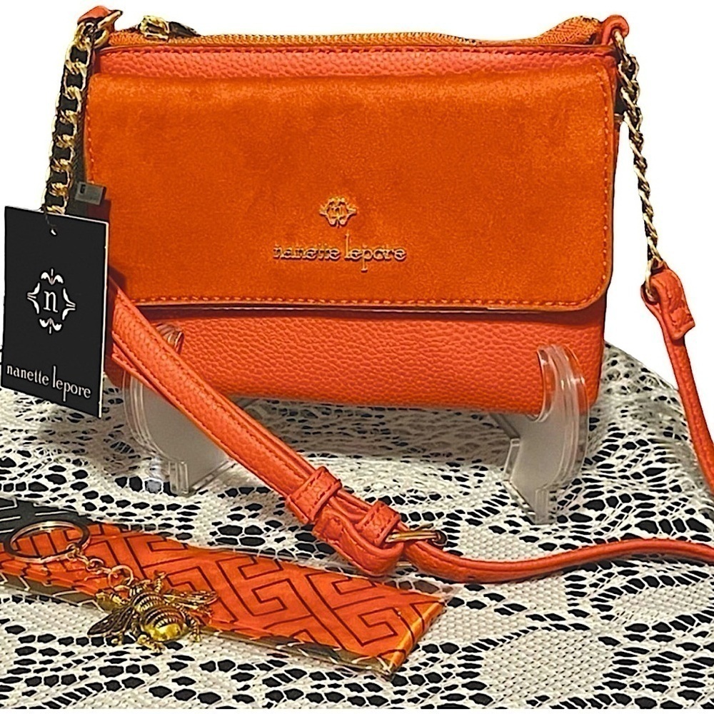 NANETTE LEPORE MSRP $39 Crossbody Bag with Suede Flap & Vegan Leather in Pumpkin - Picture 9 of 10